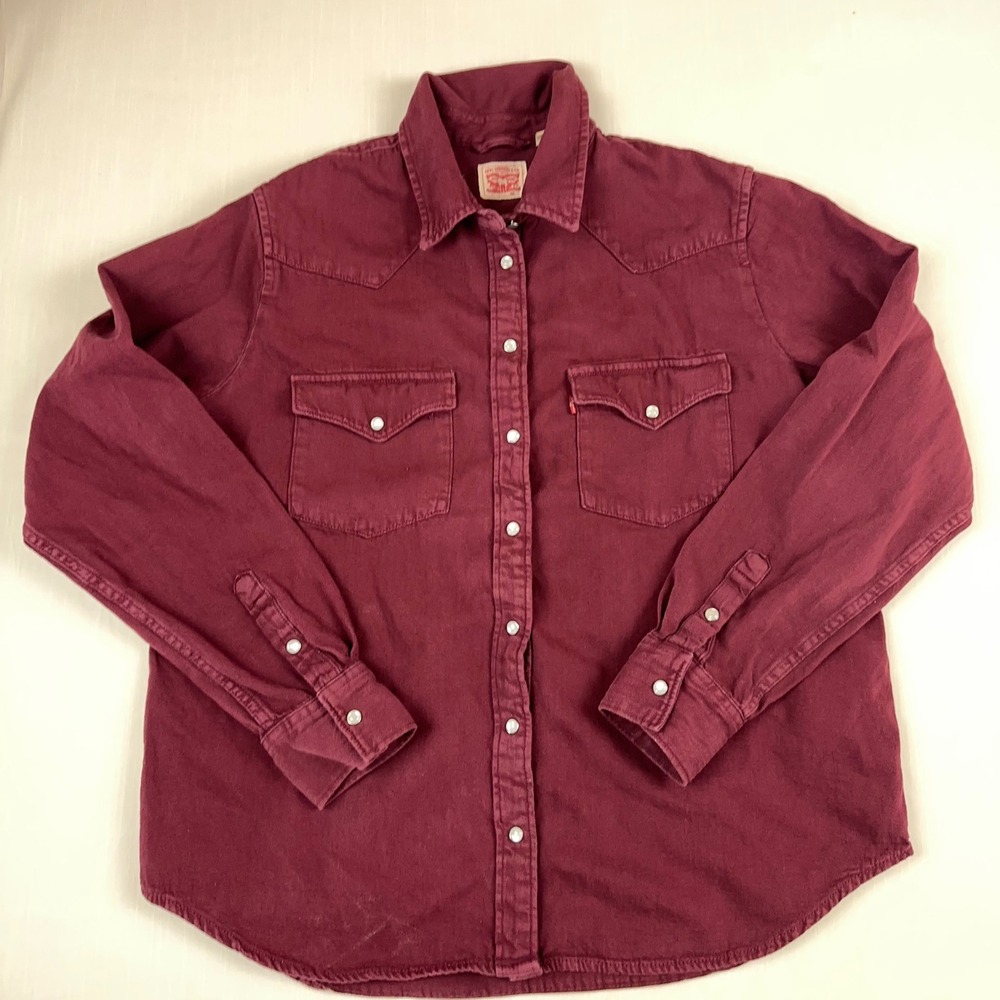 Levis Mens Western Pearl Snap Shirt Burgundy Maroon Long Sleeve Size L